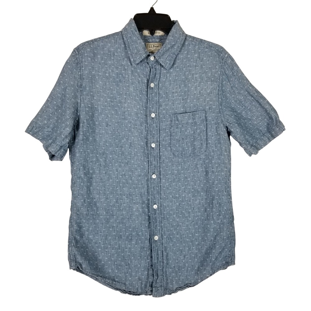L.L. Bean Button Down Shirt Mens Small Blue Linen Slightly Fitted Short Sleeve